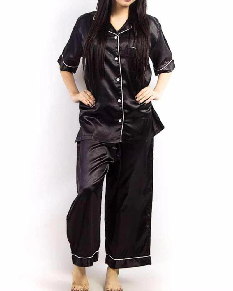 Women's Premium Satin Night Suit – Black