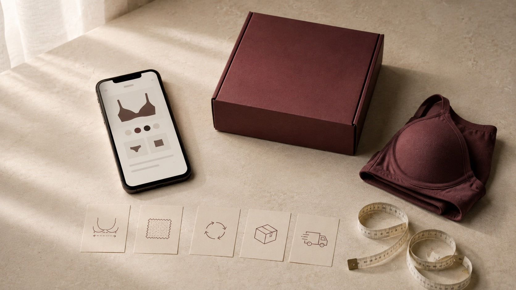Discreet parcel, folded garment, measuring tape and smartphone arranged for private online intimate shopping in Pakistan.