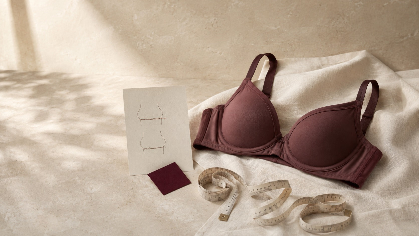 Folded bra and measuring tape arranged on an ivory surface for ELORVESSA’s at-home bra-size guide.
