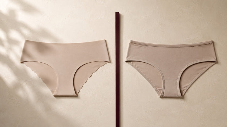 Side-by-side flat-lay comparing seamless laser-cut underwear with traditionally stitched underwear.