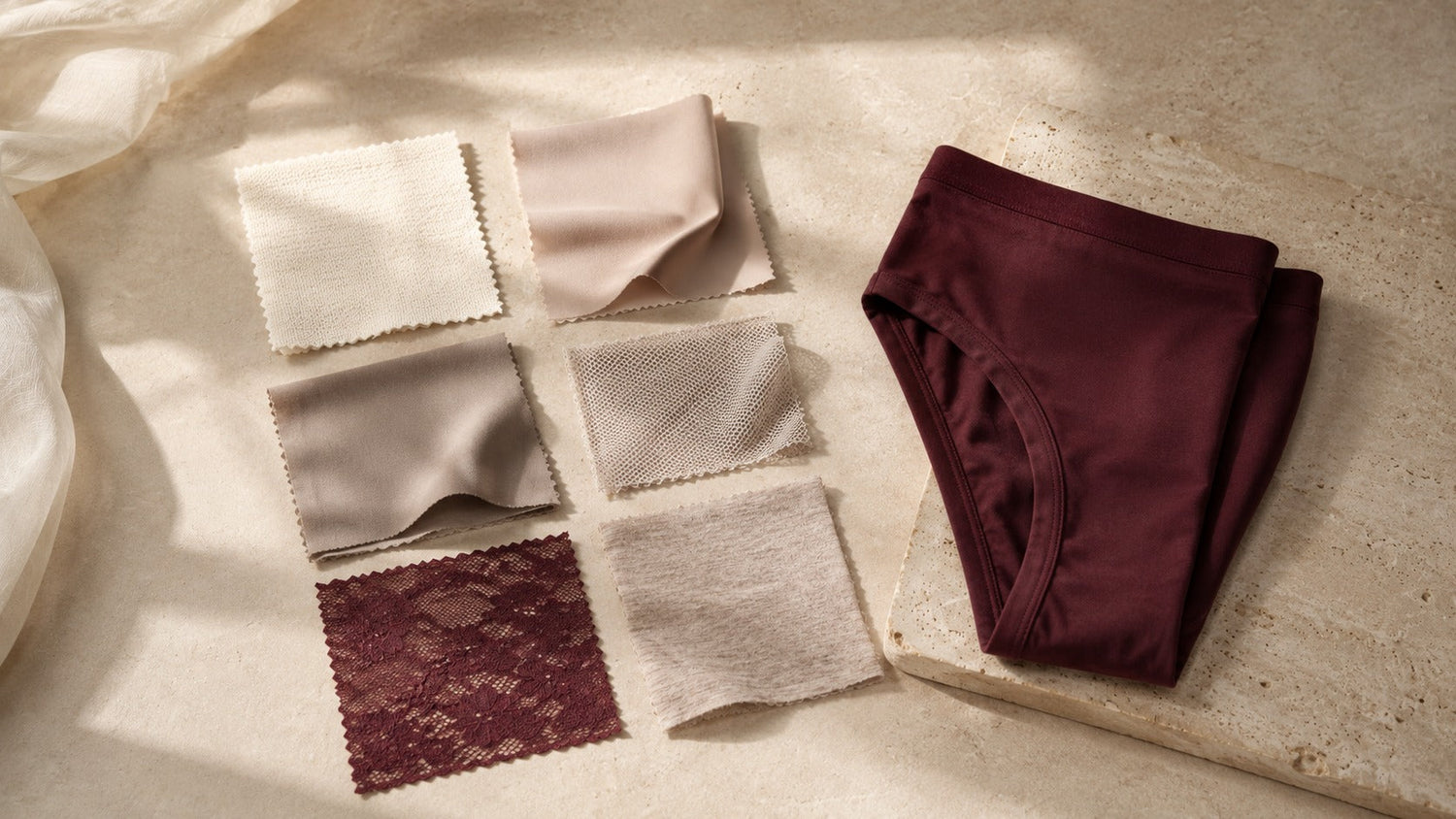 Cotton, modal, microfiber, mesh and lace swatches arranged beside folded underwear on a warm ivory surface.